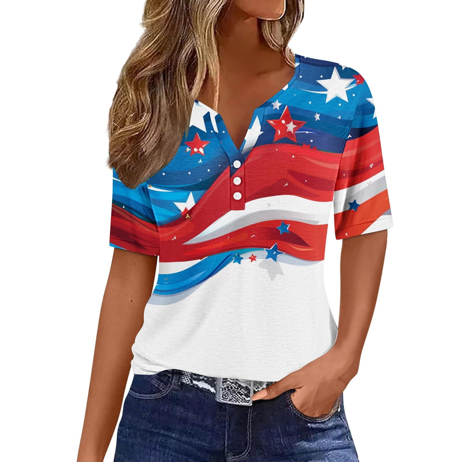 RITERA Plus Size American Flag Top - Comfy V-Neck Patriotic Shirt For Women XL-5XL