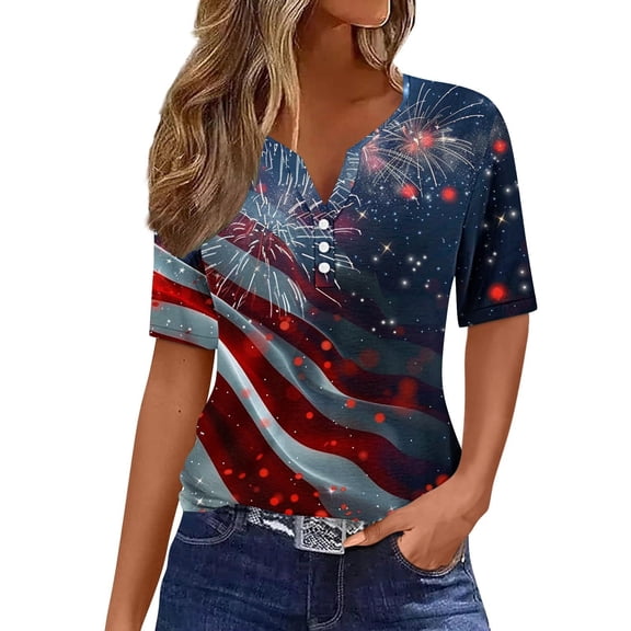 American Flag Tops Womens Button V Neck Short Sleeve Shirts Independence Day Patriotic Tee Shirt Fashion USA Flag Star Stripes T-Shirts Memorial Day Tunic Loose Comfy Blouses Summer Outfits