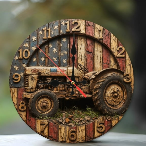 American Flag Tractor Wall Clock Rustic Farmhouse Decor 10-Inch Silent Wooden Wall Clock, Battery Operated (AA Batteries Not Included), Artistic Home Decor