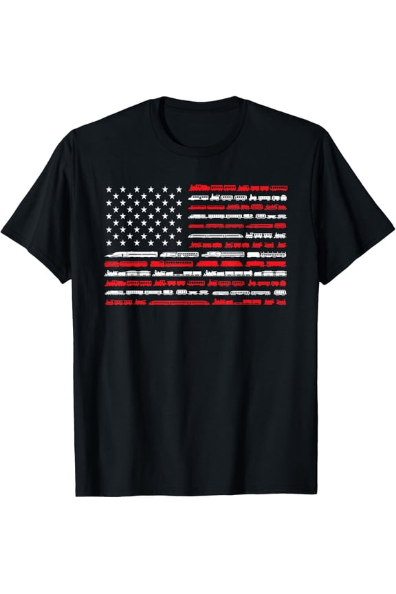 American Flag Train T-Shirt Patriotic Railroad Locomotive Graphic Tee Retro Vintage Style Men's Unisex Apparel