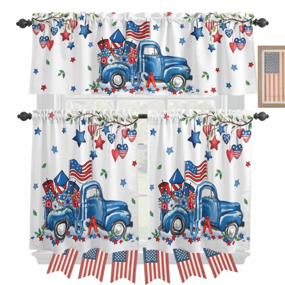 American Flag Truck Kitchen Curtains Valances 3 Piece Set, Independence Day Star Heart USA Rod Pocket Tier Curtain and Valance Drapes for Small Window 24 Inch Length for Bedroom Cafe