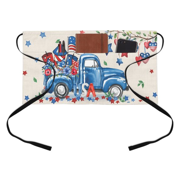 American Flag Truck Kitchen Restaurant Half Waist Apron, Independence Day Star Heart USA Retro Server Short Apron with 3 Pockets Waterproof Oil Waist Aprons for Women Waitress Waiter