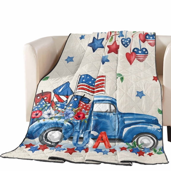 American Flag Truck Quilted Comforters Cooling Blanket California King Size, Independence Day Star Heart USA Retro Cold Comfort for Hot Sleepers Lightweight Air Conditioning Quilt Blanket for Bed