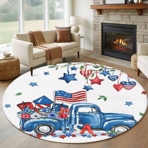 American Flag Truck Washable Round Area Rug 7 ft, Independence Day Star Heart USA, Soft Non Slip Rugs Stain Repellent Indoor Felt Carpet for Living Dining Room Bedroom Home Office