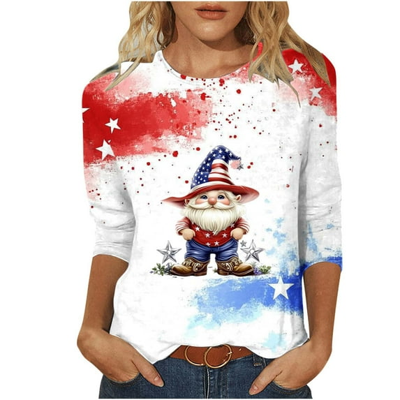 American Flag Tshirts Shirts for Women 3/4 Sleeve USA Star Stripes Fourth July Tee Shirts Fashion Gnome Graphic Tunic Tops Classic Fit Crew Neck Tshirts Cute Independence Day Patriotic T-Shirts