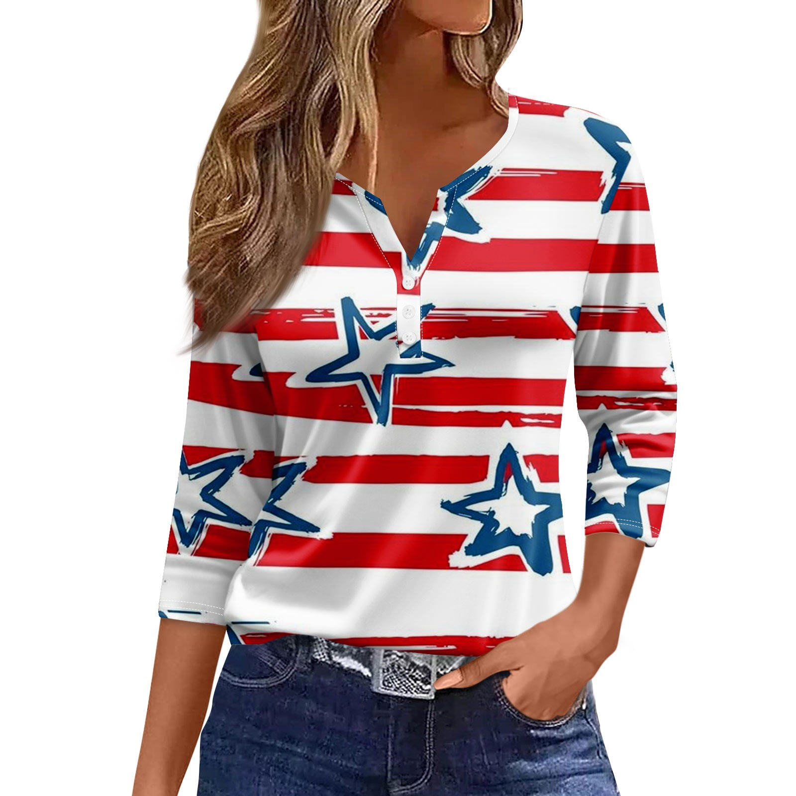 Mzkdieey Women's 3/4 Sleeve Casual Top - Hawaiian Summer Tunic, Vacation Beach Shirt