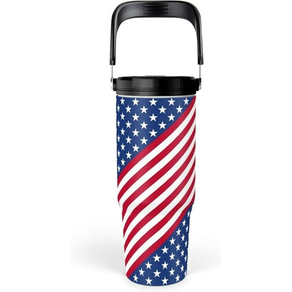 American Flag Tumbler with Handle 30oz, Stainless Steel Insulated Flip Straw Tumblers Coffee Travel Mug Cup, USA America Gifts for Women Men for Birthday Christmas