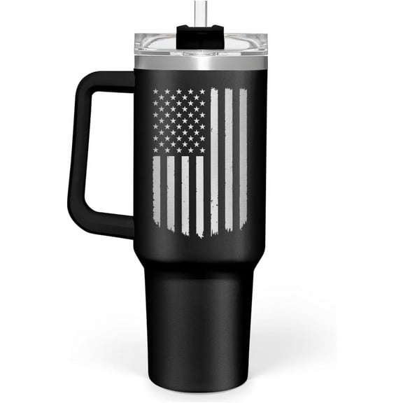 American Flag Tumbler with Handle, America 40oz Stainless Steel Insulated Coffee Mug with Lid & Straw, America Gifts for Men Women, USA Tumblers Cup Gift for Christmas
