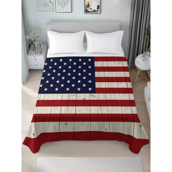 American Flag Twim Size Flat Sheet, Wrinkleproof & Fadeproof Cooling Flat Bed Sheet Only, Vintage Wooden Star Striped Red Blue Breathable Soft Bedding Top Sheets 66 x 96 Inches