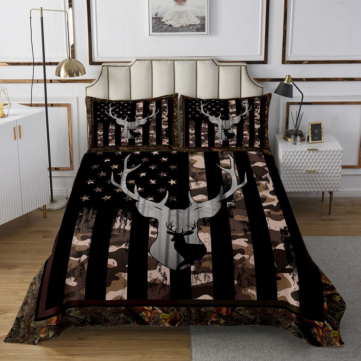 American Flag Twin Bedspread Set, Brown Grey Camouflage Antlers and