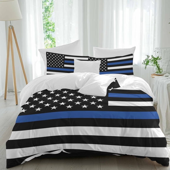 American Flag Twin Size Comforter Set, Retro USA Flag Blue Line Black White Striped Bedding for All Seasons, 4 Pcs Bed Set, 1 Quiltcover (68"x86") ,1Sheet(67"x116"), 2Pillowcases (30"x20")