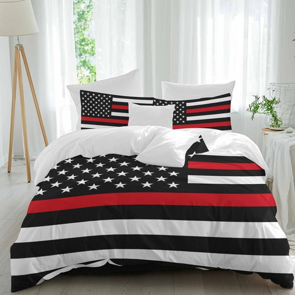 American Flag Twin Size Comforter Set, Retro USA Flag Red Line Black White Striped Bedding for All Seasons, 4 Pcs Bed Set, 1 Quiltcover (68"x86") ,1Sheet(67"x116"), 2Pillowcases (30"x20")
