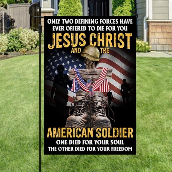 American Flag, US Veteran Day Flag, Christ And The American Soldier - 4th of July Decorations For Home, Garden Flag 12x18 - USA Flags Premium Polyester, Decorative Indoor Outdoor Flag