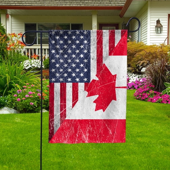 American Flag USA Canada Half American Friendship Canadian Patriotic Garden Flag, Double-Sided Decorative Outdoor Flag, Patriotic Polyester Yard Flag 12 x 18 in