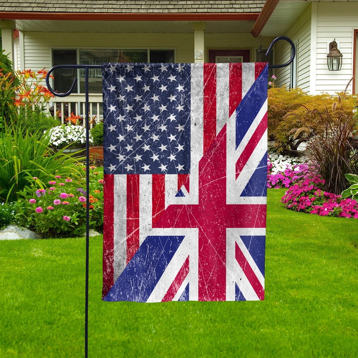 American Flag USA Great Britain Half American Friendship Great British Patriotic Garden Flag, Double-Sided Decorative Outdoor Flag, Patriotic Polyester Yard Flag 12 x 18 in