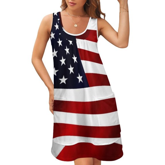 American Flag USA Sleeveless U-Neck Fake Two Piece Dress summer dress daily dress Woman dresses