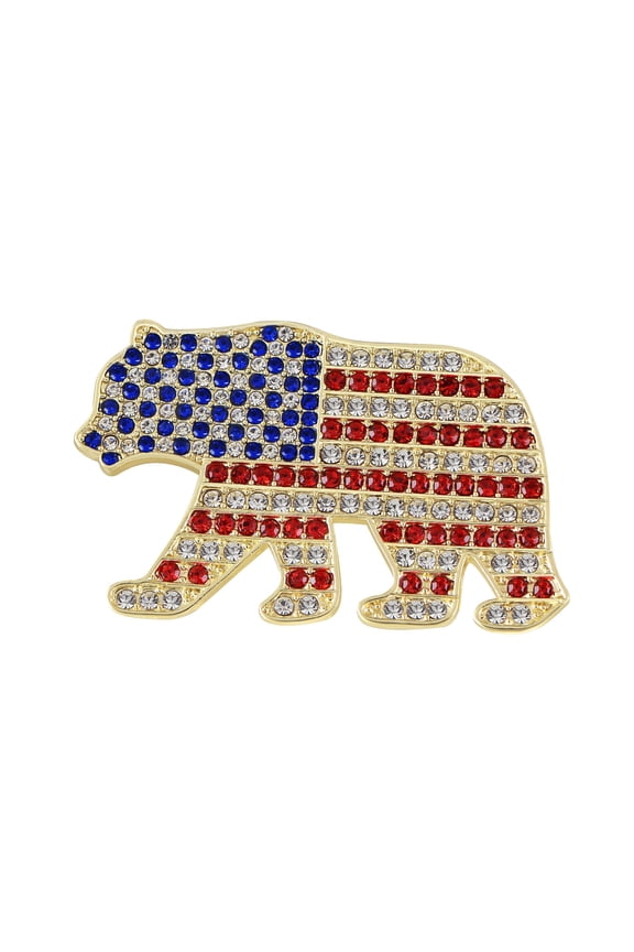 American Flag USA Sparkly Crystal Rhinestone 4th of July Pin Brooch, Bear