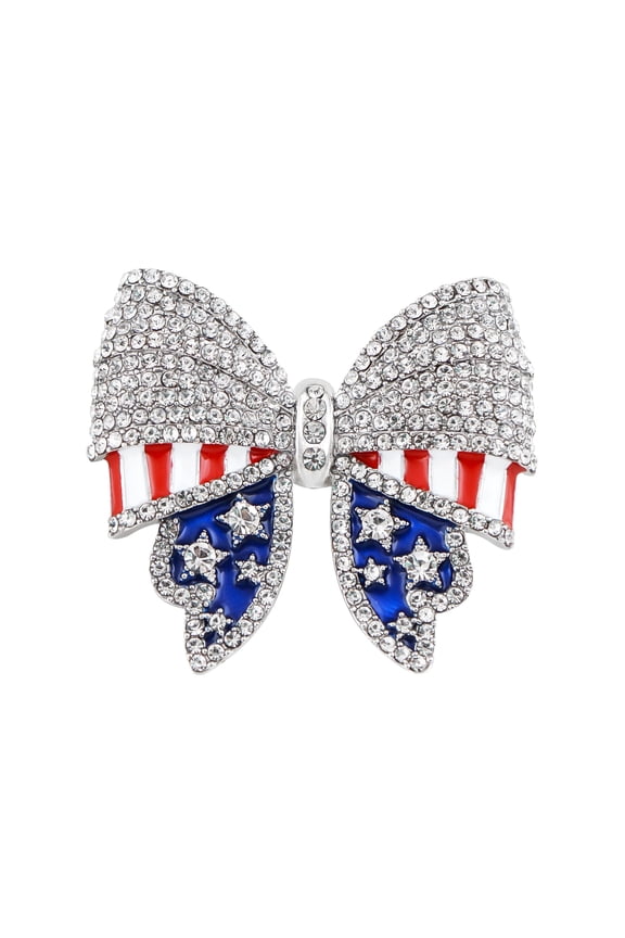 American Flag USA Sparkly Crystal Rhinestone 4th of July Pin Brooch, Bow