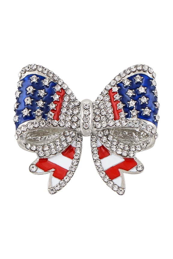 American Flag USA Sparkly Crystal Rhinestone 4th of July Pin Brooch, Butterfly Bow