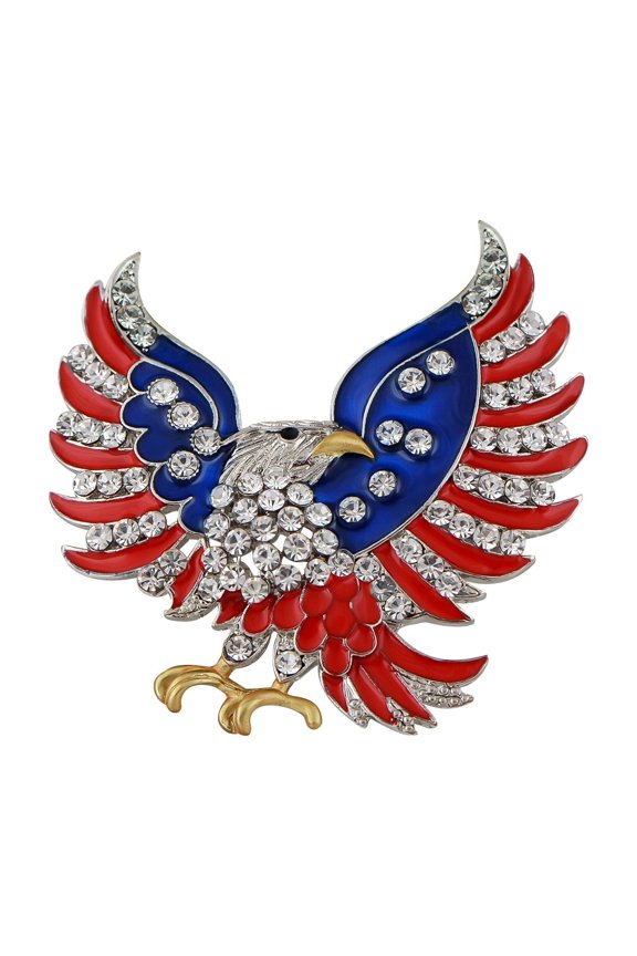American Flag USA Sparkly Crystal Rhinestone 4th of July Pin Brooch, Flying Eagle