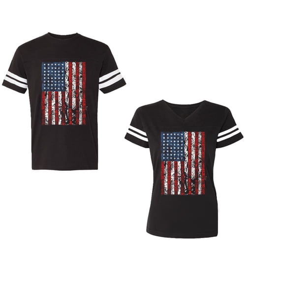American Flag Unisex Couple Matching Cotton Jersey style T-Shirt Contrasting stripes on sleeves (Men Black / Women Black) (Men XL / Women M)
