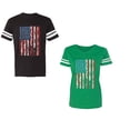 thumbnail image 1 of American Flag Unisex Couple Matching Cotton Jersey style T-Shirt Contrasting stripes on sleeves (Men Black / Women Green) (Men L / Women L), 1 of 3