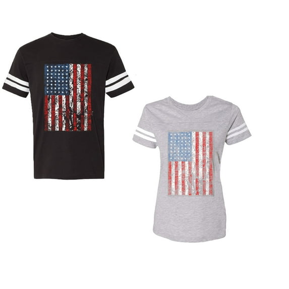 American Flag Unisex Couple Matching Cotton Jersey style T-Shirt Contrasting stripes on sleeves (Men Black / Women Heather) (Men L / Women S)