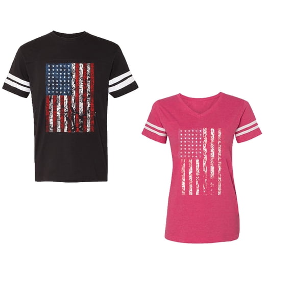American Flag Unisex Couple Matching Cotton Jersey style T-Shirt Contrasting stripes on sleeves (Men Black / Women Pink) (Men M / Women L)
