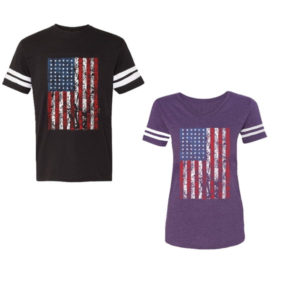 American Flag Unisex Couple Matching Cotton Jersey style T-Shirt Contrasting stripes on sleeves (Men Black / Women Purple) (Men M / Women L)