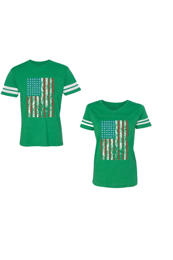 American Flag Unisex Couple Matching Cotton Jersey style T-Shirt Contrasting stripes on sleeves (Men Green / Women Green) (Men XXL / Women XXL)