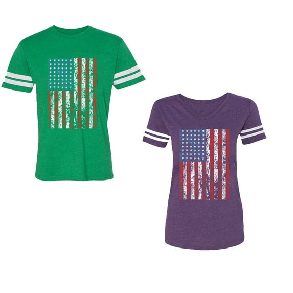 American Flag Unisex Couple Matching Cotton Jersey style T-Shirt Contrasting stripes on sleeves (Men Green / Women Purple) (Men XL / Women XL)