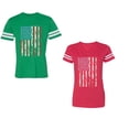 thumbnail image 1 of American Flag Unisex Couple Matching Cotton Jersey style T-Shirt Contrasting stripes on sleeves (Men Green / Women Red) (Men M / Women XXL), 1 of 3