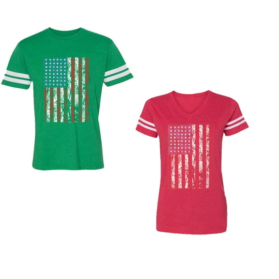 American Flag Unisex Couple Matching Cotton Jersey style T-Shirt Contrasting stripes on sleeves (Men Green / Women Red) (Men S / Women XXL)