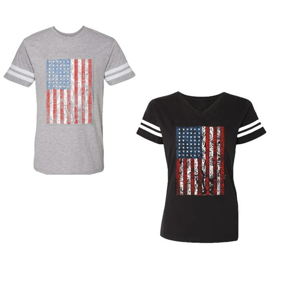 American Flag Unisex Couple Matching Cotton Jersey style T-Shirt Contrasting stripes on sleeves (Men Heather / Women Black) (Men S / Women S)