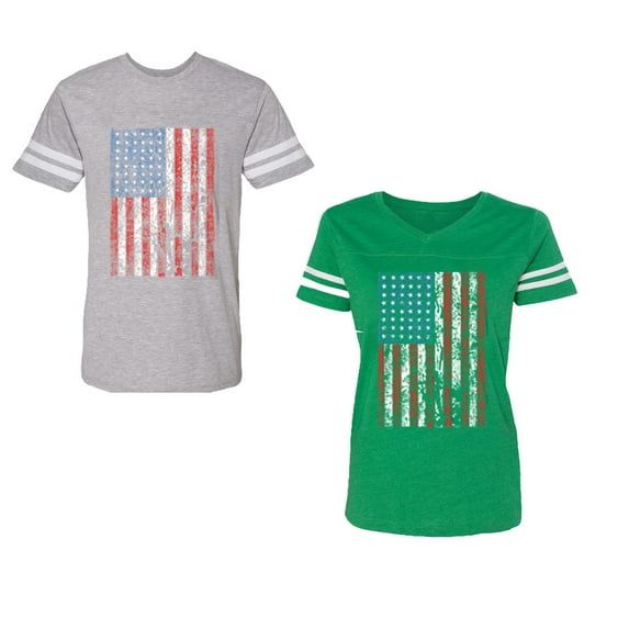 American Flag Unisex Couple Matching Cotton Jersey style T-Shirt Contrasting stripes on sleeves (Men Heather / Women Green) (Men M / Women S)