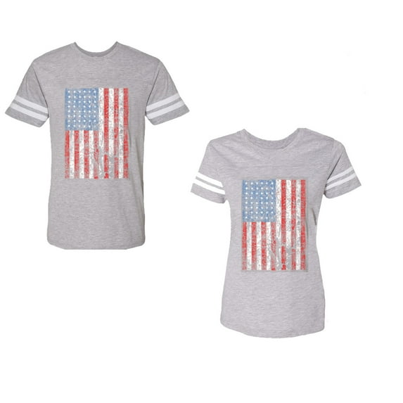 American Flag Unisex Couple Matching Cotton Jersey style T-Shirt Contrasting stripes on sleeves (Men Heather / Women Heather) (Men S / Women S)