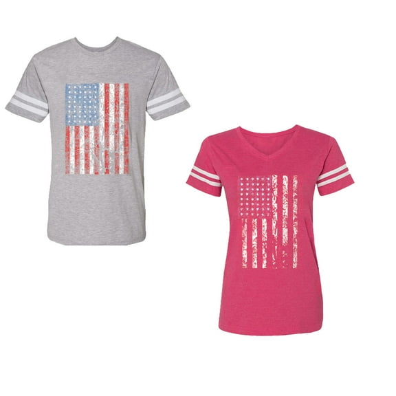 American Flag Unisex Couple Matching Cotton Jersey style T-Shirt Contrasting stripes on sleeves (Men Heather / Women Pink) (Men M / Women M)