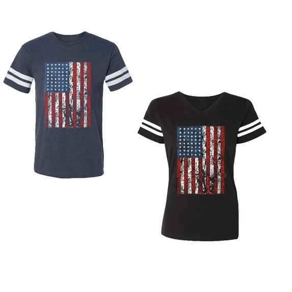 American Flag Unisex Couple Matching Cotton Jersey style T-Shirt Contrasting stripes on sleeves (Men Navy / Women Black) (Men S / Women M)