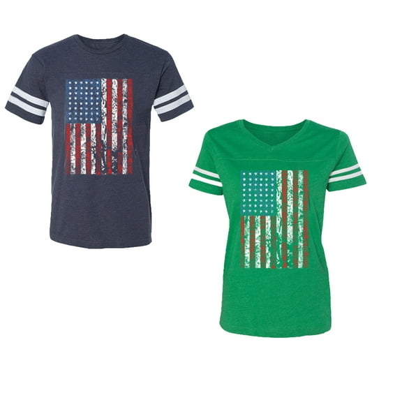 American Flag Unisex Couple Matching Cotton Jersey style T-Shirt Contrasting stripes on sleeves (Men Navy / Women Green) (Men M / Women M)