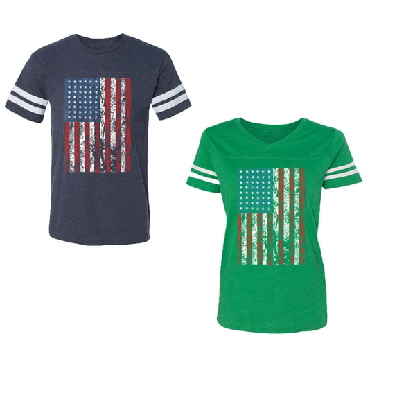American Flag Unisex Couple Matching Cotton Jersey style T-Shirt Contrasting stripes on sleeves (Men Navy / Women Green) (Men XXL / Women L)