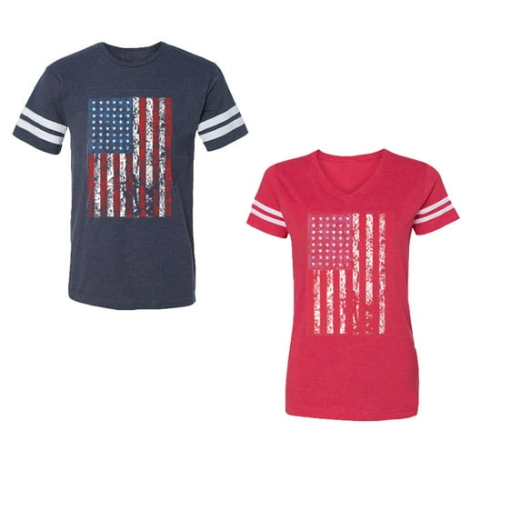 American Flag Unisex Couple Matching Cotton Jersey style T-Shirt Contrasting stripes on sleeves (Men Navy / Women Red) (Men M / Women XL)