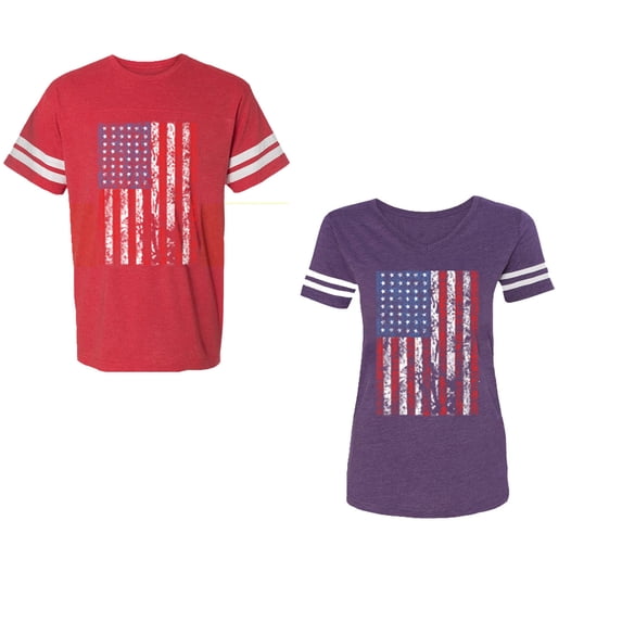 American Flag Unisex Couple Matching Cotton Jersey style T-Shirt Contrasting stripes on sleeves (Men Red / Women Purple) (Men XXXL / Women XXL)