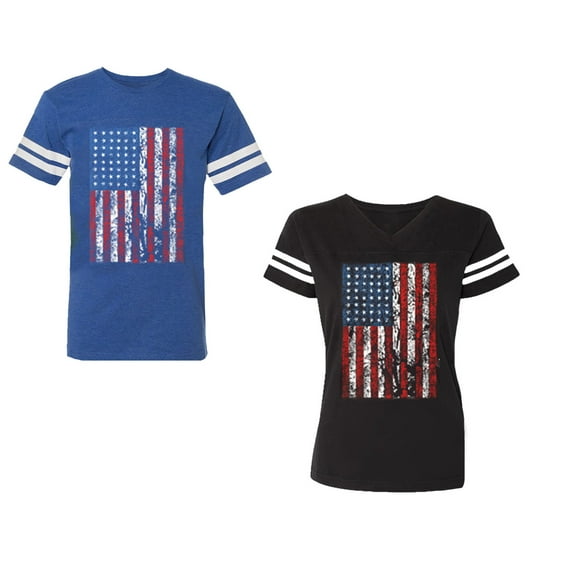 American Flag Unisex Couple Matching Cotton Jersey style T-Shirt Contrasting stripes on sleeves (Men Royal / Women Black) (Men S / Women S)