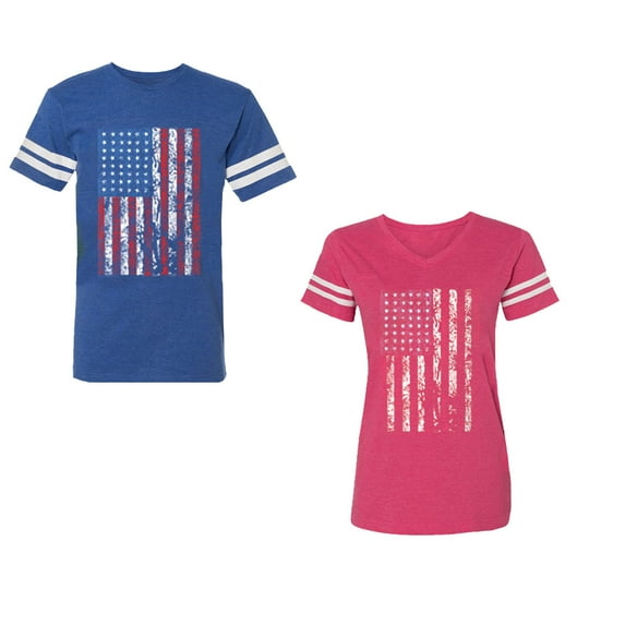 American Flag Unisex Couple Matching Cotton Jersey style T-Shirt Contrasting stripes on sleeves (Men Royal / Women Pink) (Men M / Women L)