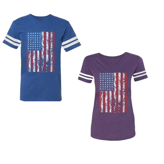 American Flag Unisex Couple Matching Cotton Jersey style T-Shirt Contrasting stripes on sleeves (Men Royal / Women Purple) (Men M / Women S)