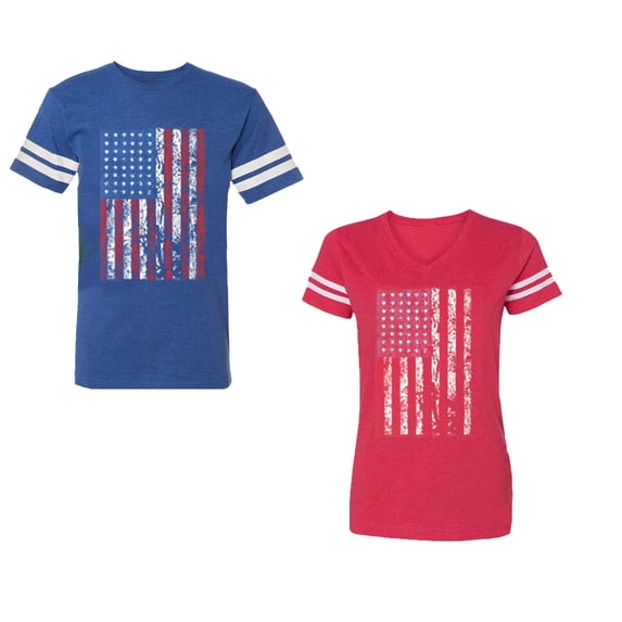 American Flag Unisex Couple Matching Cotton Jersey style T-Shirt Contrasting stripes on sleeves (Men Royal / Women Red) (Men S / Women XL)