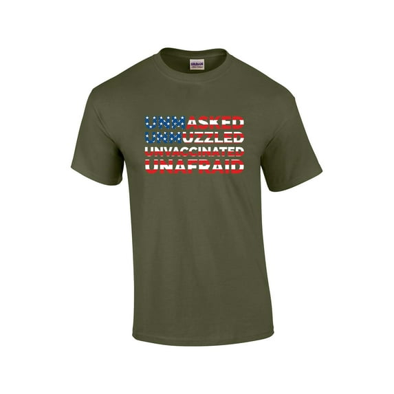 American Flag Unmasked Unmuzzled Unvaccinated Unafraid Patriot Anti Tyrany Mens Short Sleeve T-shirt-Military Green-4xl