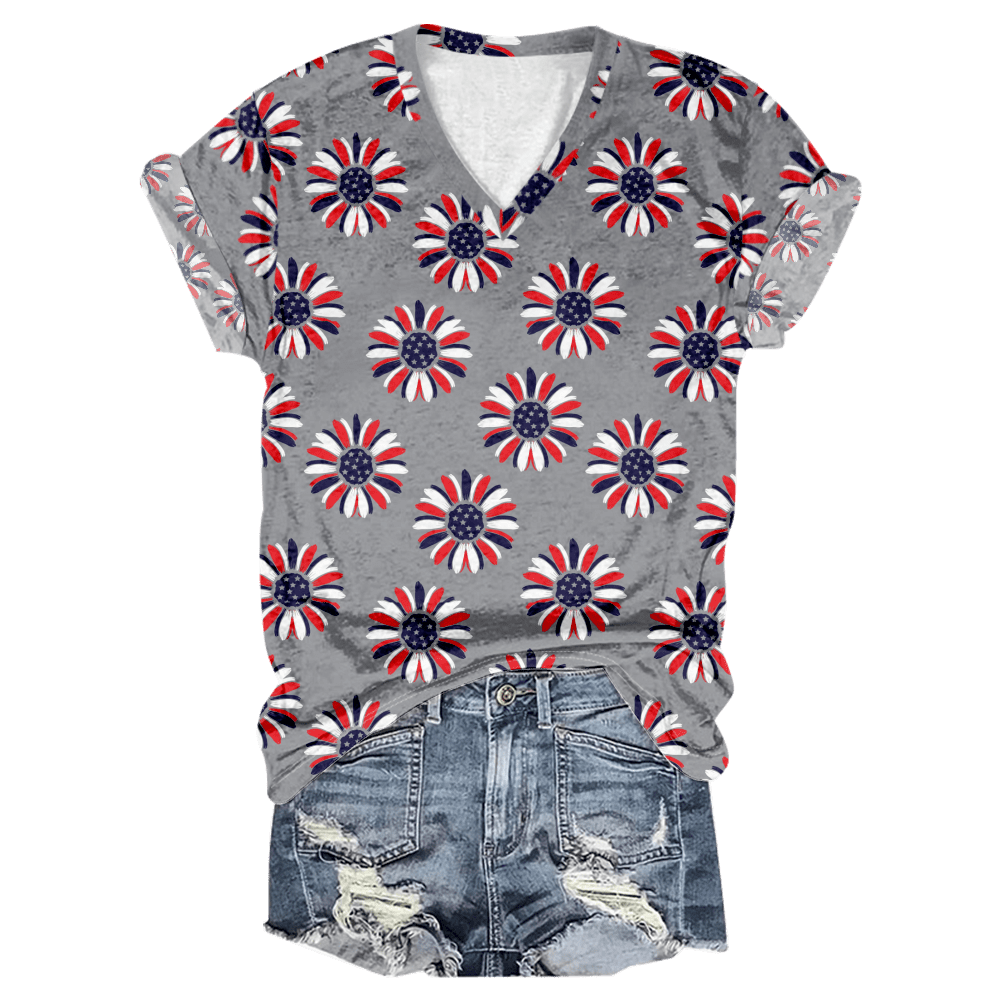 American Flag V Neck Shirt for Women Short Sleeve USA 4th of July Flag