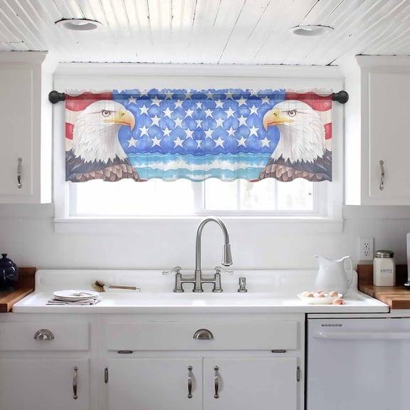 American Flag Valance Curtains for Kitchen/Living Room/Bathroom/Bedroom Window, Country Eagle Independence Day Blue Red Rod Pocket Small Topper Half Short Window Curtains Voile Sheer Scarf 42"x12"