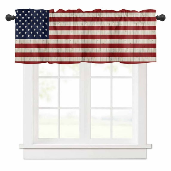 American Flag Valances for Windows Vintage Red White Stripes Blue Stars Wood Grain Rod Pocket Curtain Valance Window Treatment Short Curtains for Kitchen Living Room, 42"x12"